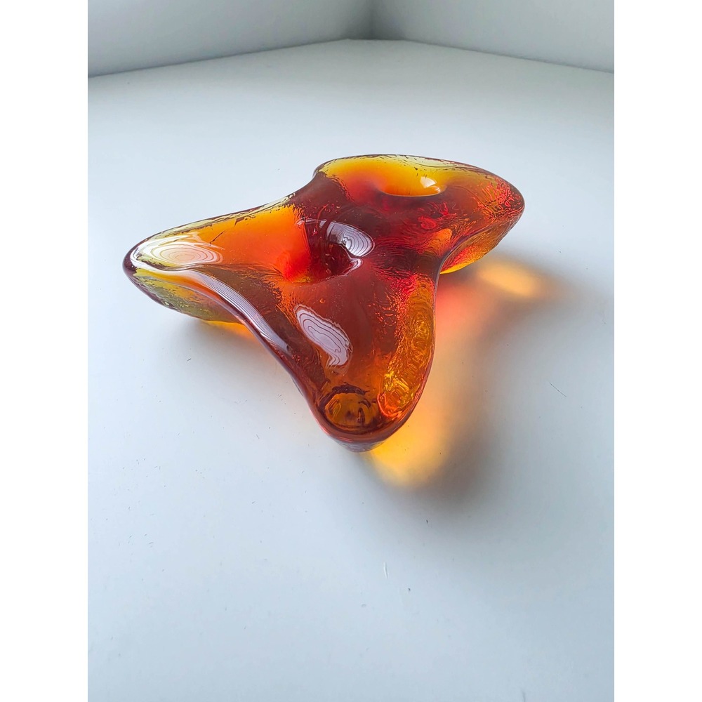 Vintage MCM Blenko Amoeba Amber Red Glass Biomorphic 2 Hole Candle Holder - Picture 3 of 9